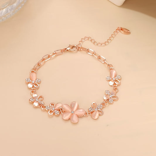 Rose Gold Flower Bracelet with Rhinestones