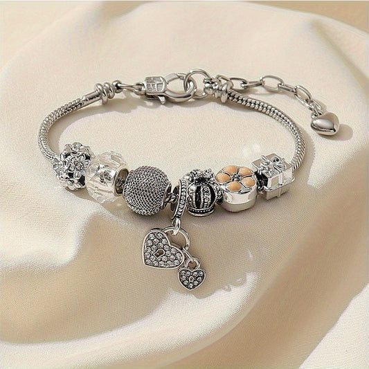 Crown & Heart Lock Charm Bracelet