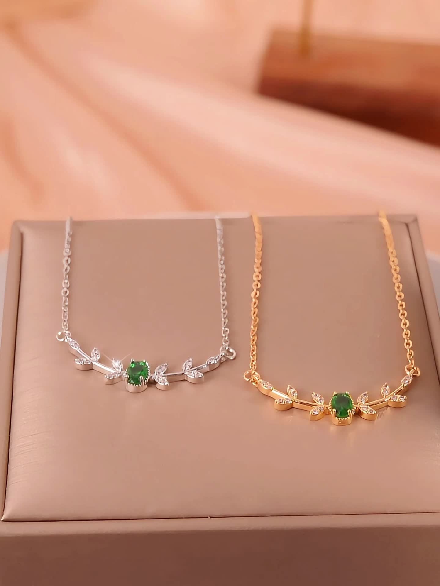 Golden-Tone Copper Leaf Necklace with Green Zircon