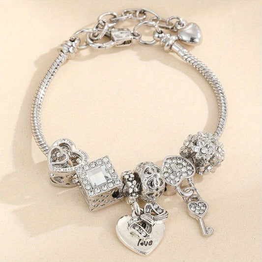 Rhinestone Heart & Key Charm Bracelet