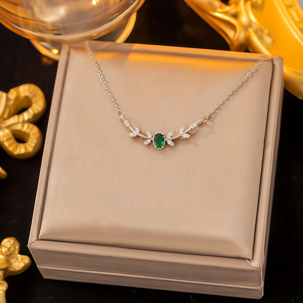 Golden-Tone Copper Leaf Necklace with Green Zircon