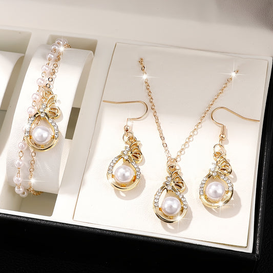4 Pieces Gold Tone Jewellery Set with Polished Pearl-Tone Beads