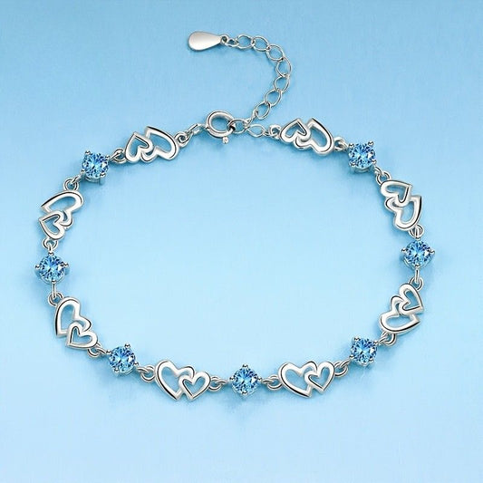 Double Heart Charm Blue Zirconia Bracelet