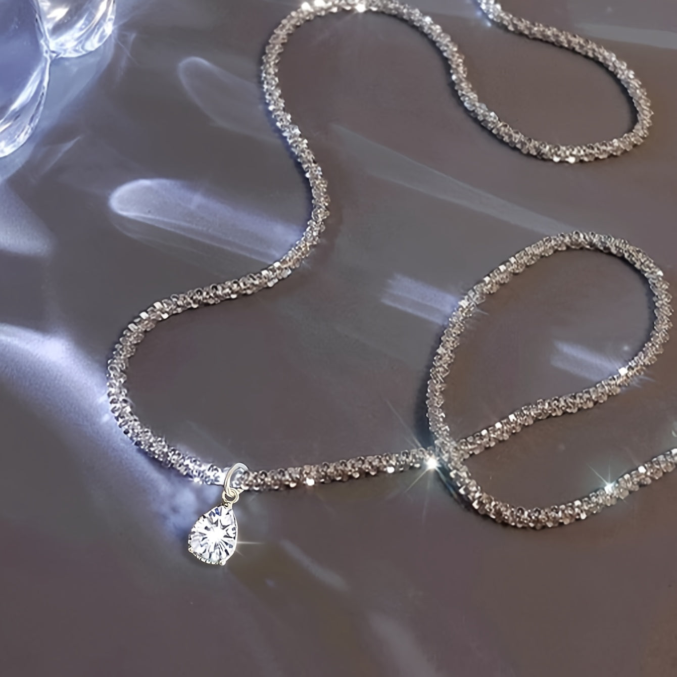 Silver-Plated Necklace with Water Droplet Zirconia Pendant