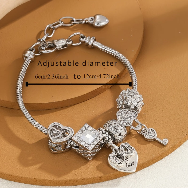 Rhinestone Heart & Key Charm Bracelet
