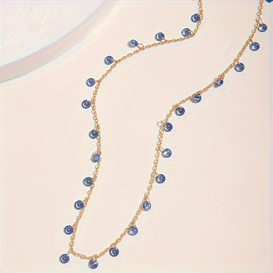 Blue Resin Stone Pendant Necklace Gold Tone Beaded Chain
