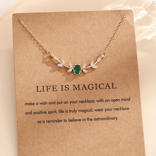 Golden-Tone Copper Leaf Necklace with Green Zircon