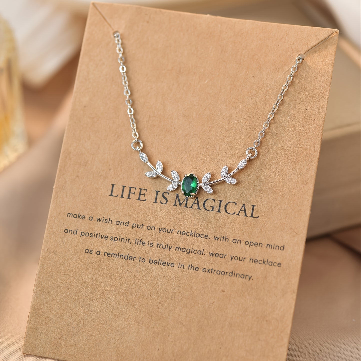 Golden-Tone Copper Leaf Necklace with Green Zircon