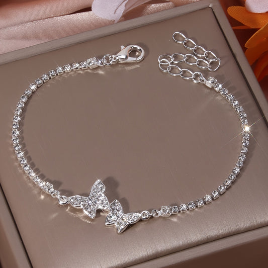 Silver-Plated Copper Butterfly Bracelet with Rhinestones