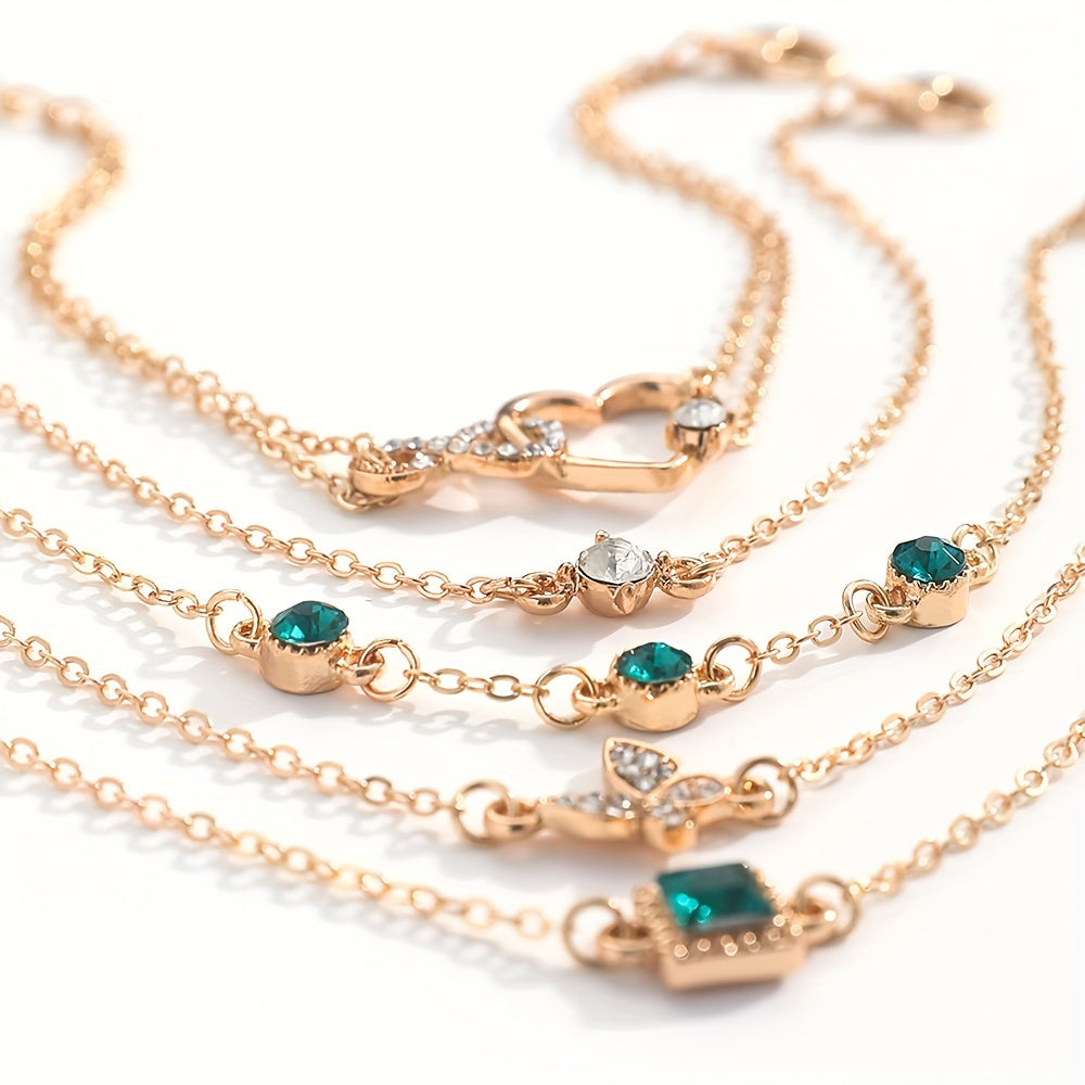 Vintage Green Rhinestone Alloy Bracelet Set – 5 Pieces
