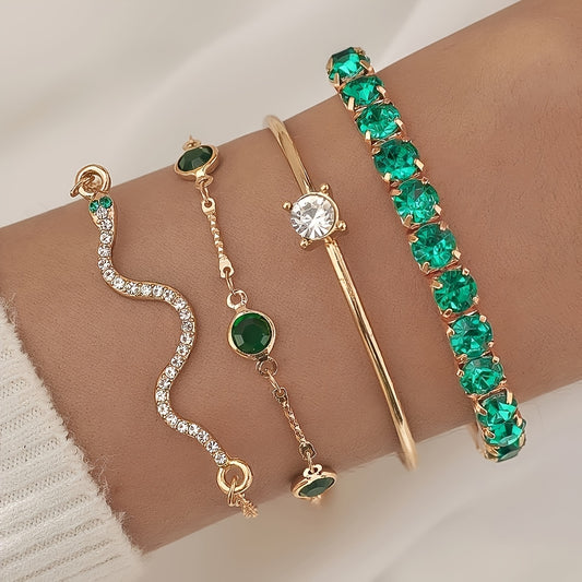 4 Pieces Set - Green Rhinestone Snake Chain Bracelet Vintage