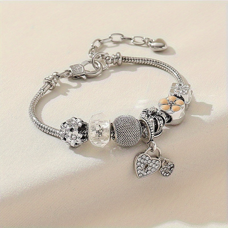 Crown & Heart Lock Charm Bracelet