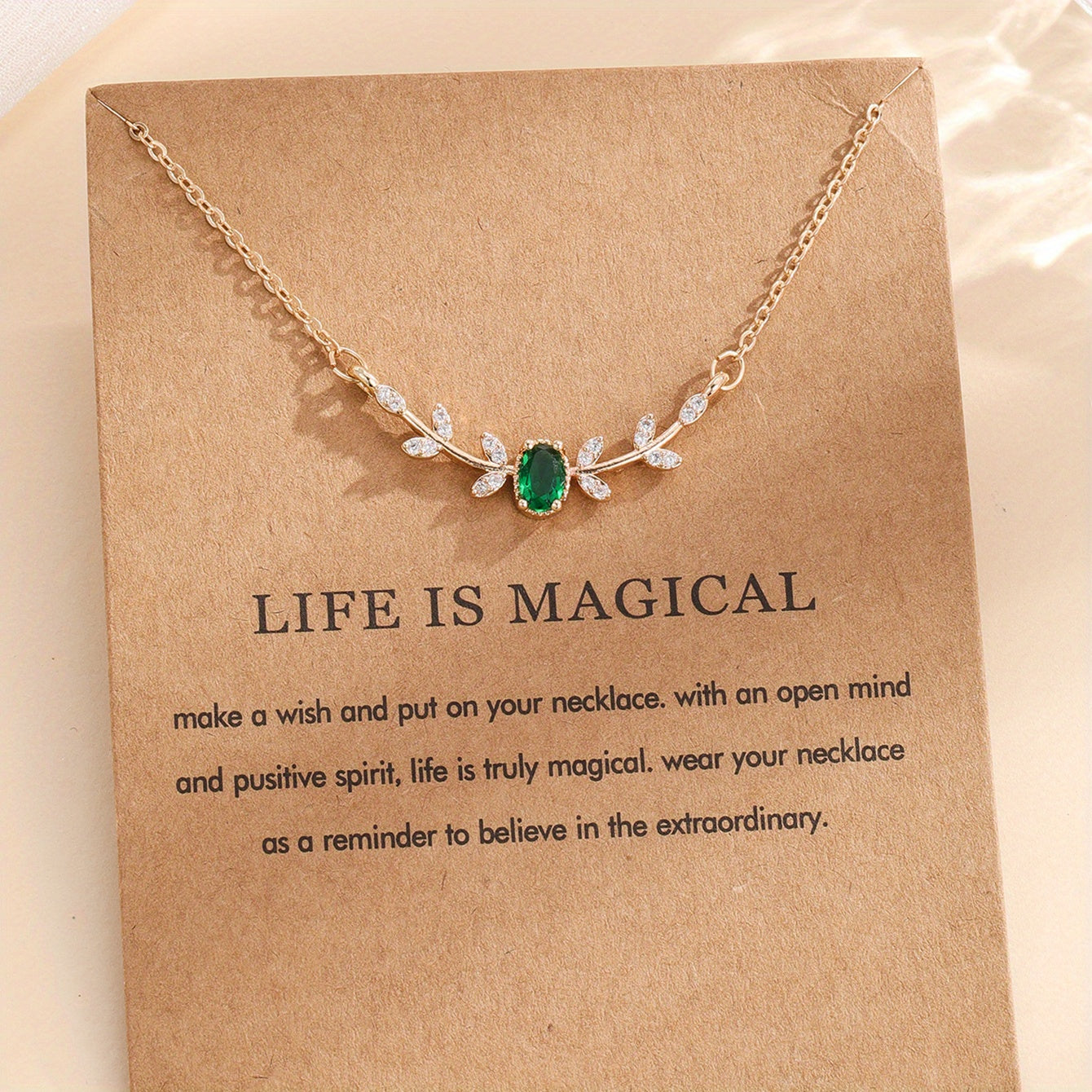 Golden-Tone Copper Leaf Necklace with Green Zircon