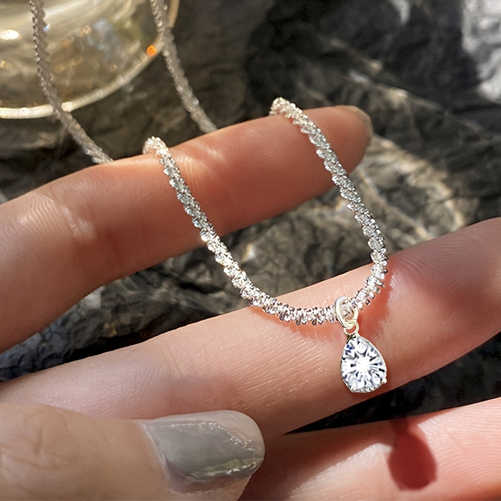 Silver-Plated Necklace with Water Droplet Zirconia Pendant