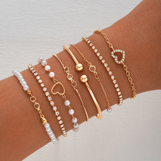 8 Pieces Set - Zinc Alloy Bracelet with Rhinestone & Pearl Accents