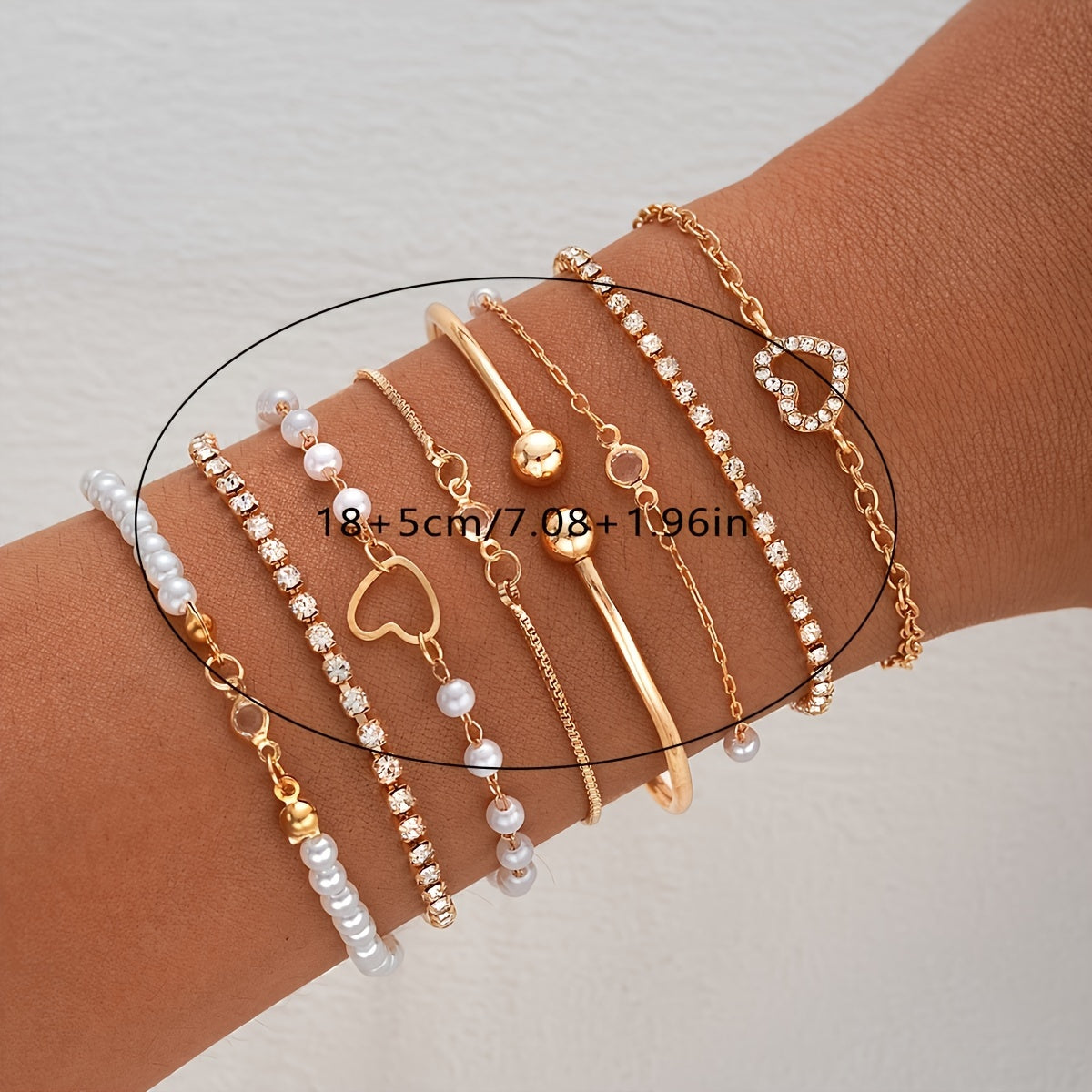 8 Pieces Set - Zinc Alloy Bracelet with Rhinestone & Pearl Accents