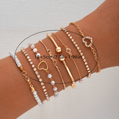 8 Pieces Set - Zinc Alloy Bracelet with Rhinestone & Pearl Accents