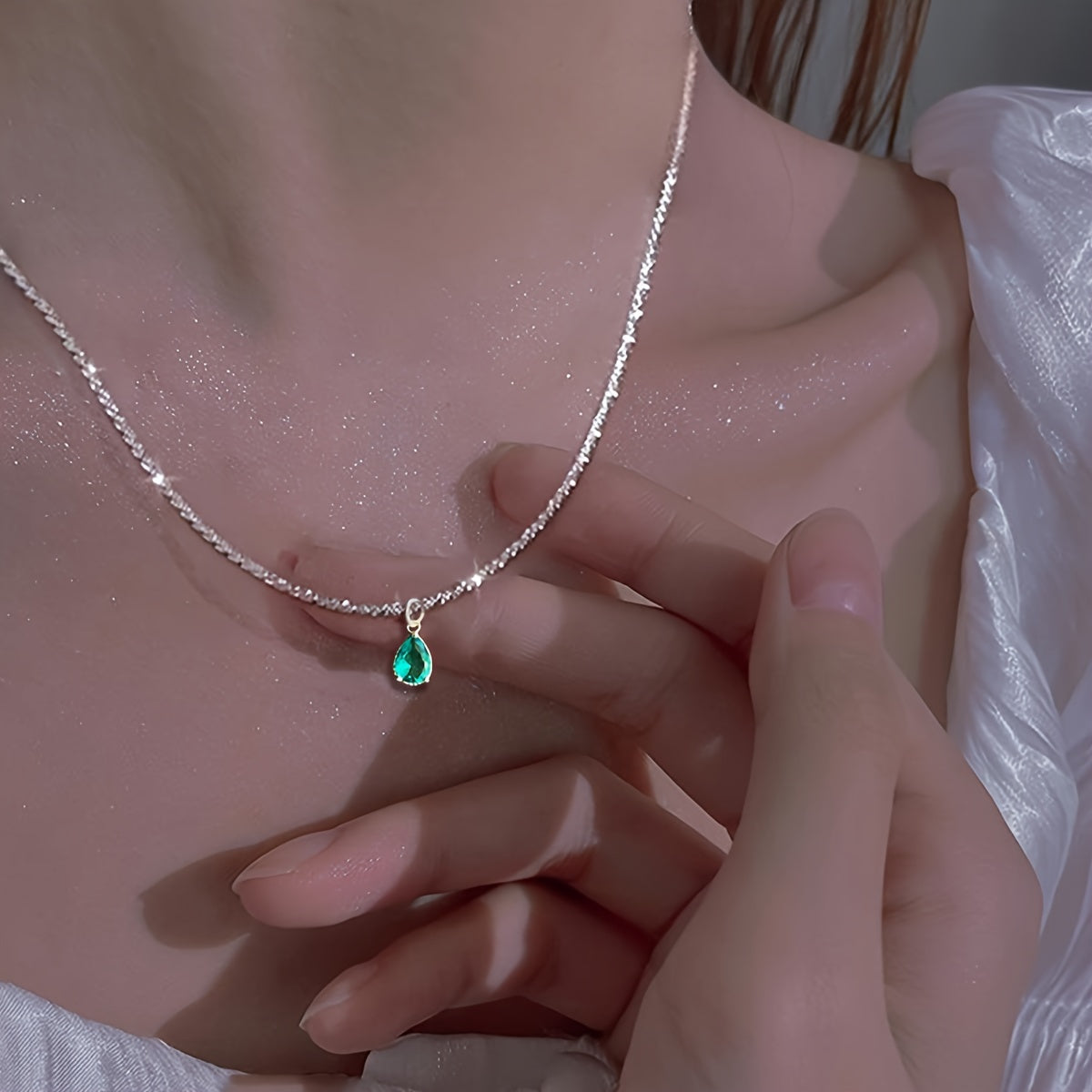 Silver-Plated Necklace with Water Droplet Zirconia Pendant