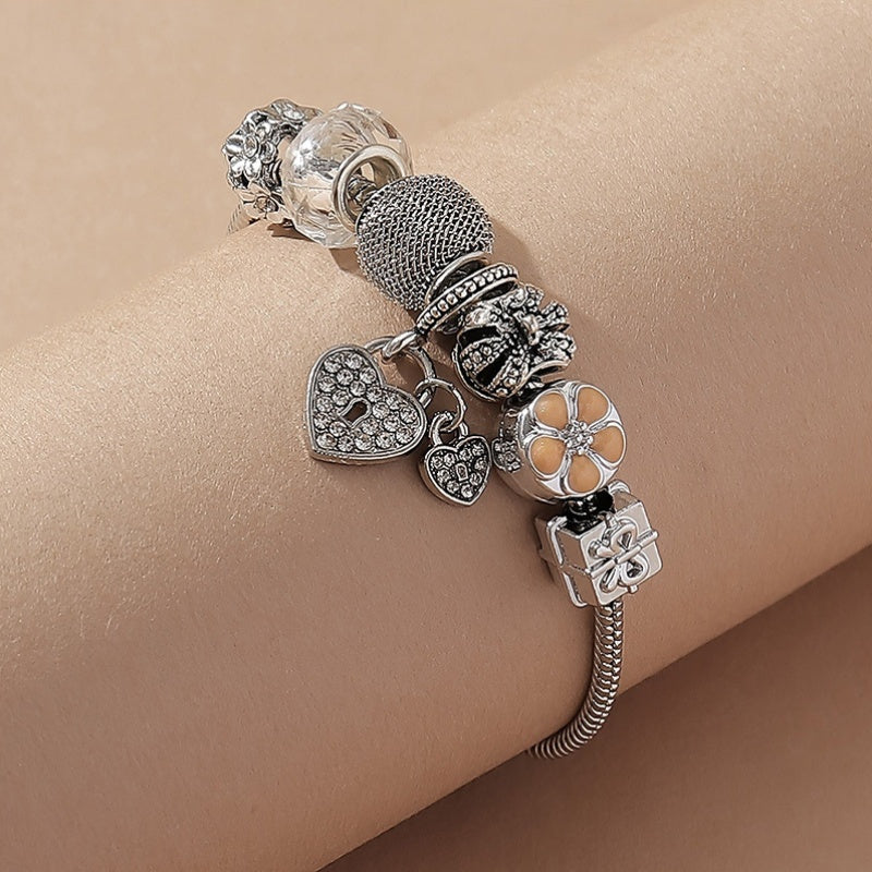 Crown & Heart Lock Charm Bracelet