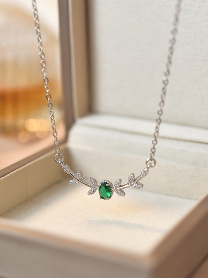 Golden-Tone Copper Leaf Necklace with Green Zircon