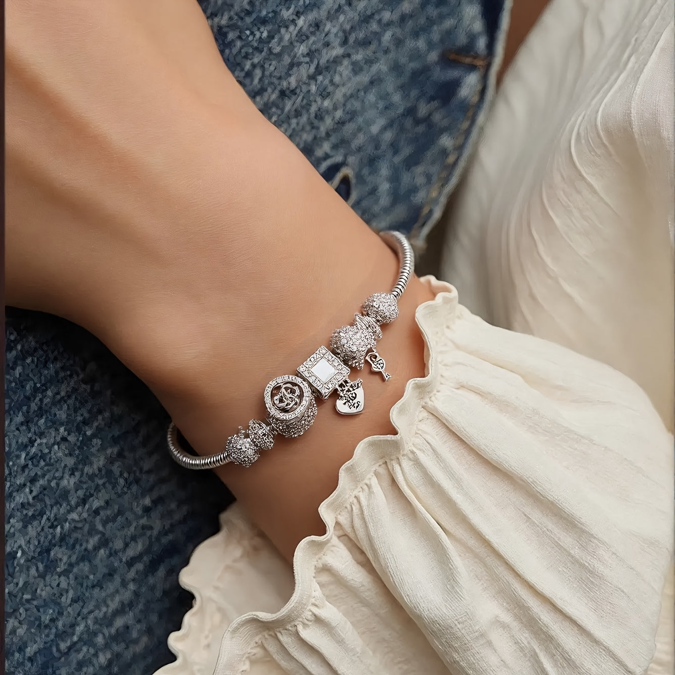 Rhinestone Heart & Key Charm Bracelet