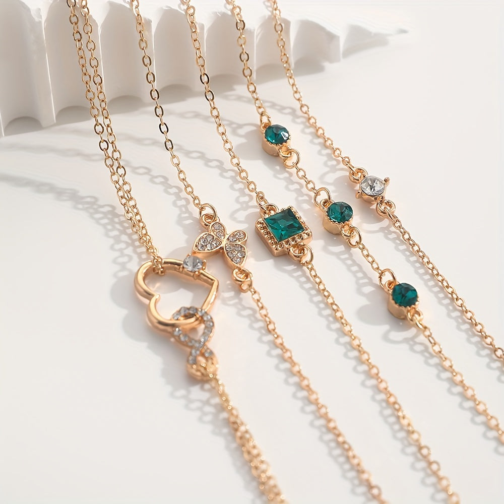Vintage Green Rhinestone Alloy Bracelet Set – 5 Pieces