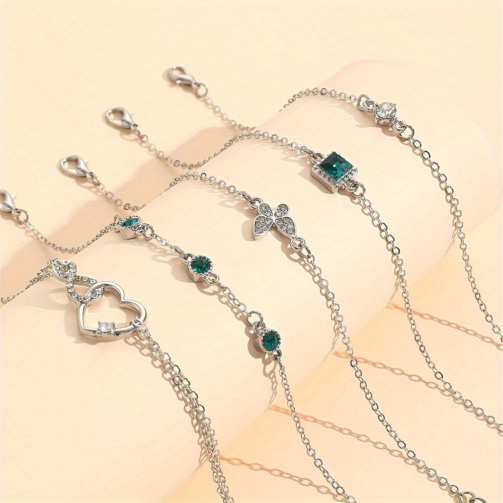 Vintage Green Rhinestone Alloy Bracelet Set – 5 Pieces