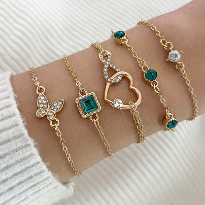 Vintage Green Rhinestone Alloy Bracelet Set – 5 Pieces