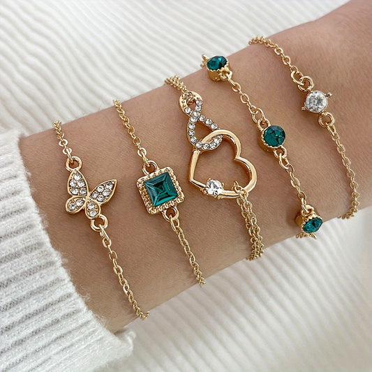 Vintage Green Rhinestone Alloy Bracelet Set – 5 Pieces