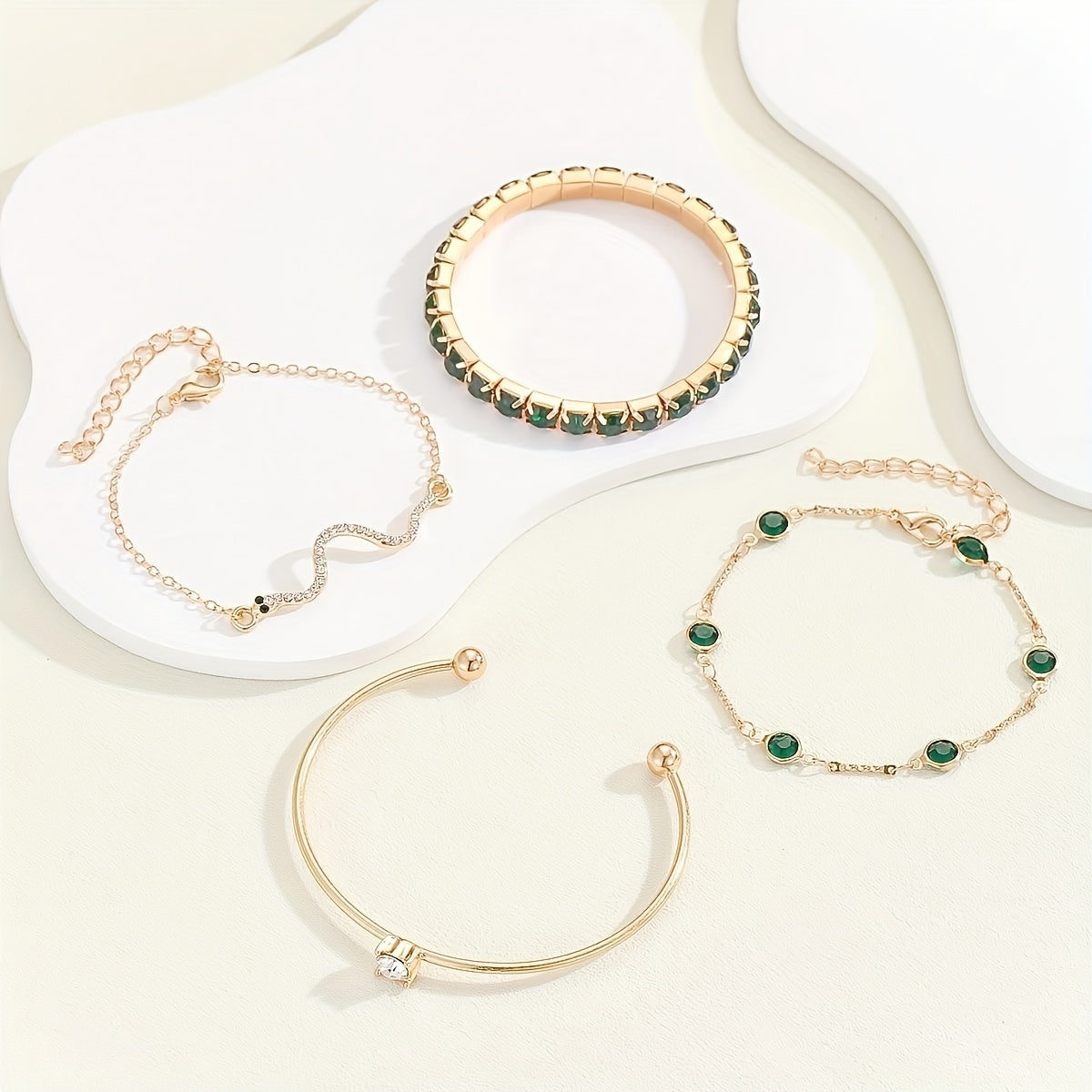 4 Pieces Set - Green Rhinestone Snake Chain Bracelet Vintage