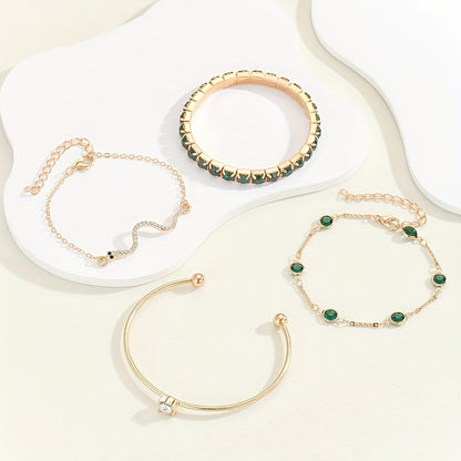 4 Pieces Set - Green Rhinestone Snake Chain Bracelet Vintage