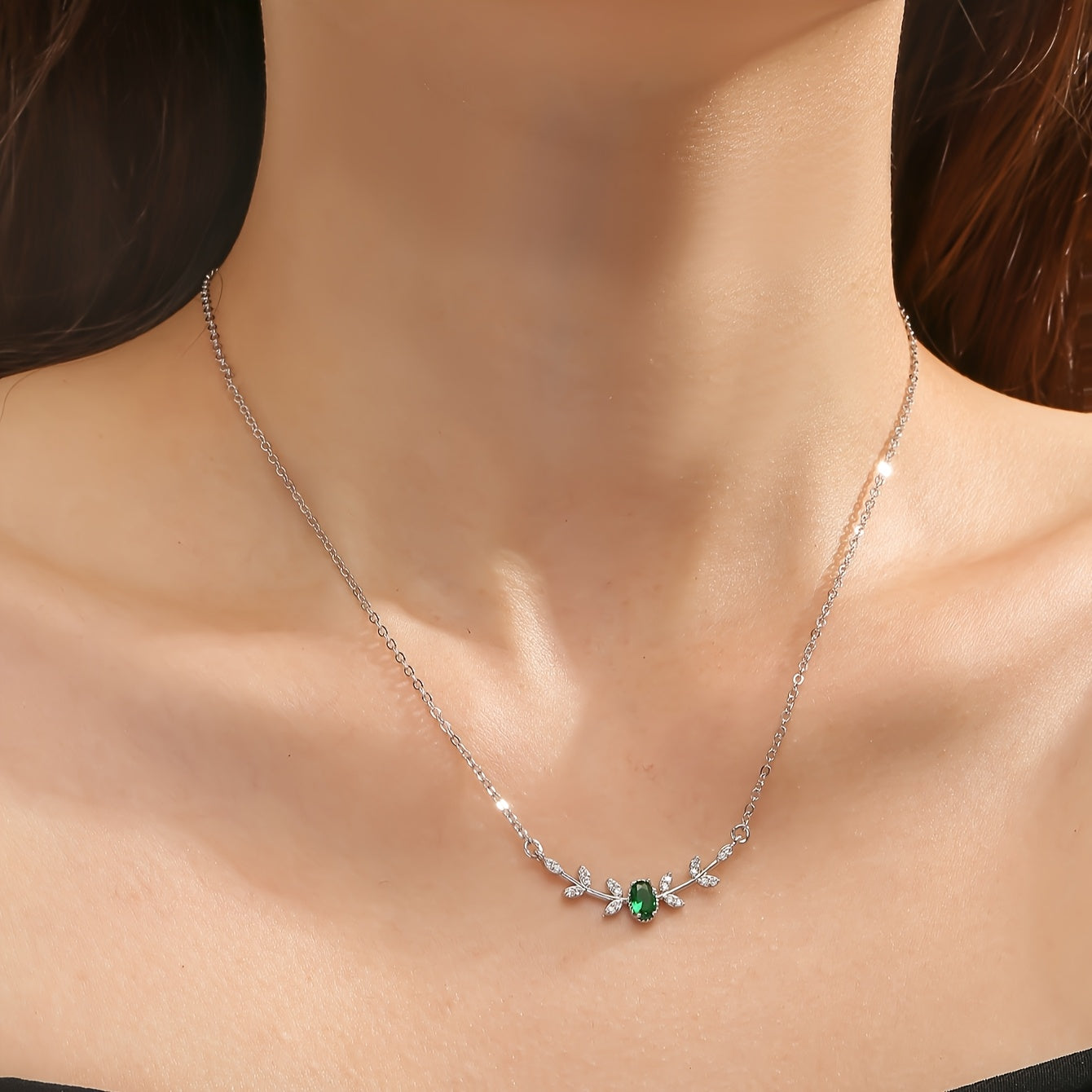 Golden-Tone Copper Leaf Necklace with Green Zircon