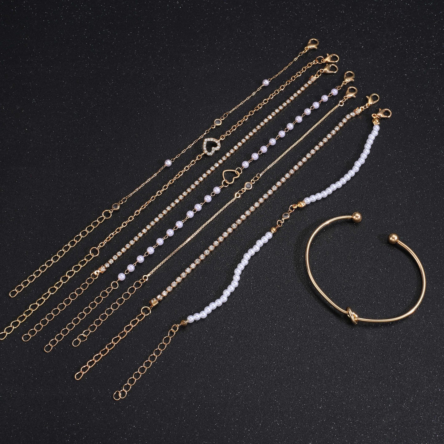 8 Pieces Set - Zinc Alloy Bracelet with Rhinestone & Pearl Accents