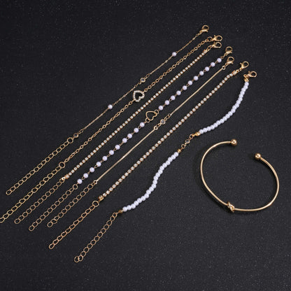 8 Pieces Set - Zinc Alloy Bracelet with Rhinestone & Pearl Accents